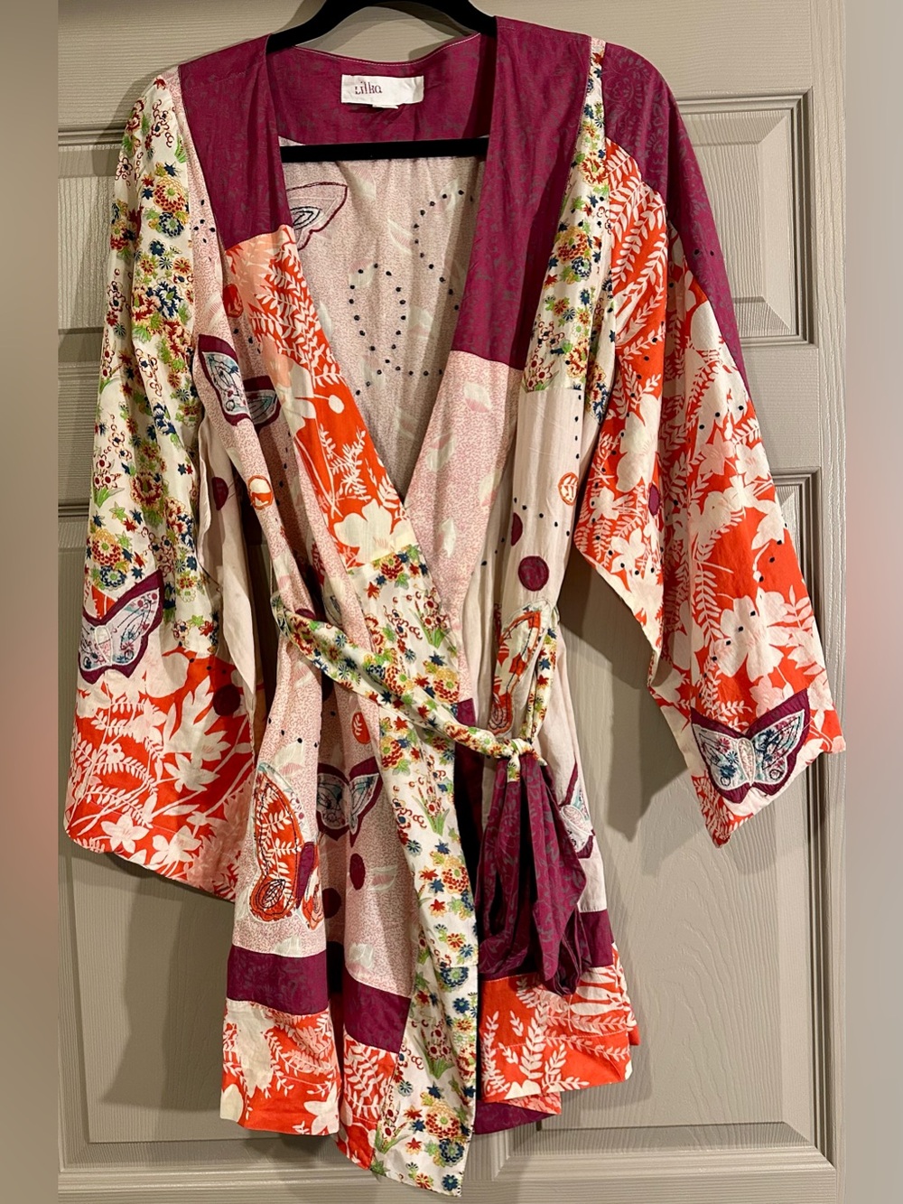 Anthropologie Mixed Floral & Butterfly Kimono Jacket in Magenta, Orange & Cream